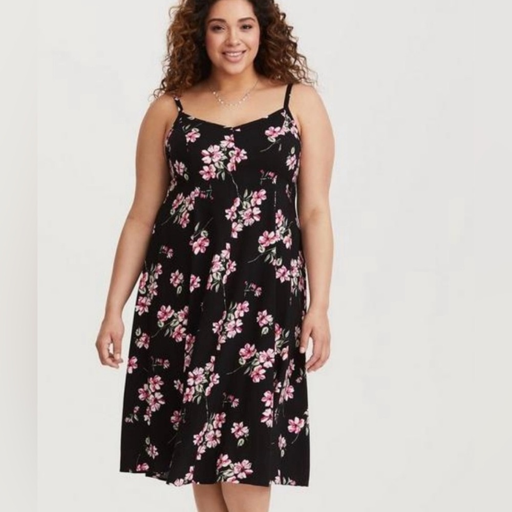 Torrid Black Midi Dress with Pink Floral Pattern